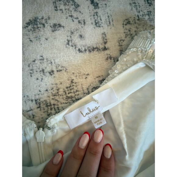 Lulus Just the Beginning White Beaded Sequin Mermaid Maxi Dress Medium V Neck - Picture 7 of 11